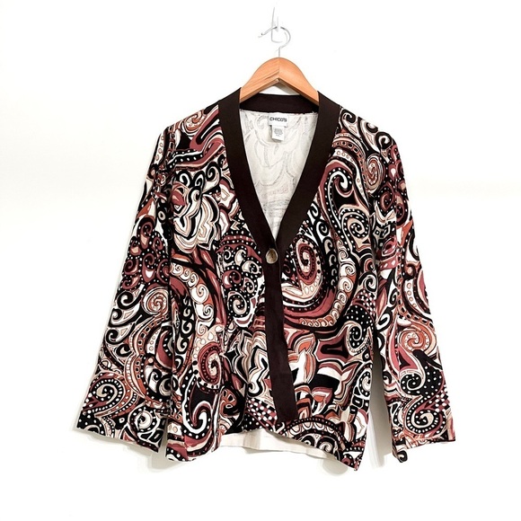 Chico’s Women’s Silk Blend Cardigan Sweater Sz 1 Paisley‎ V Neck 1 Button Front - Picture 1 of 8
